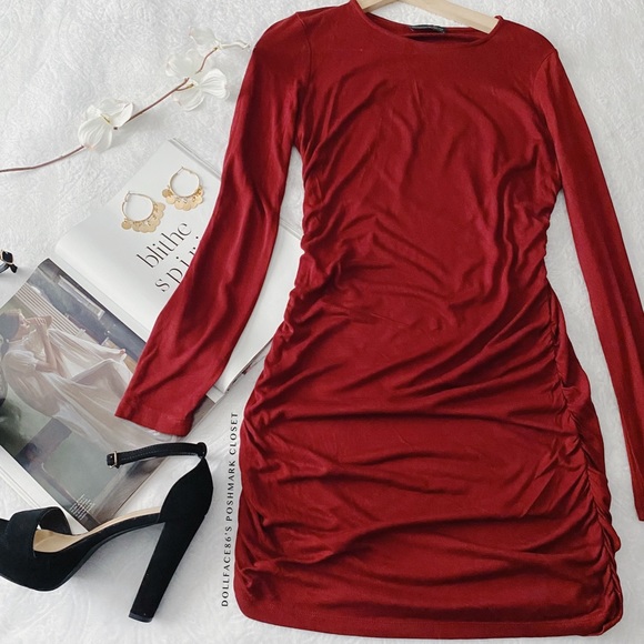 Gorgeous Burgundy Long Sleeve Ruched Dress - Picture 2 of 12